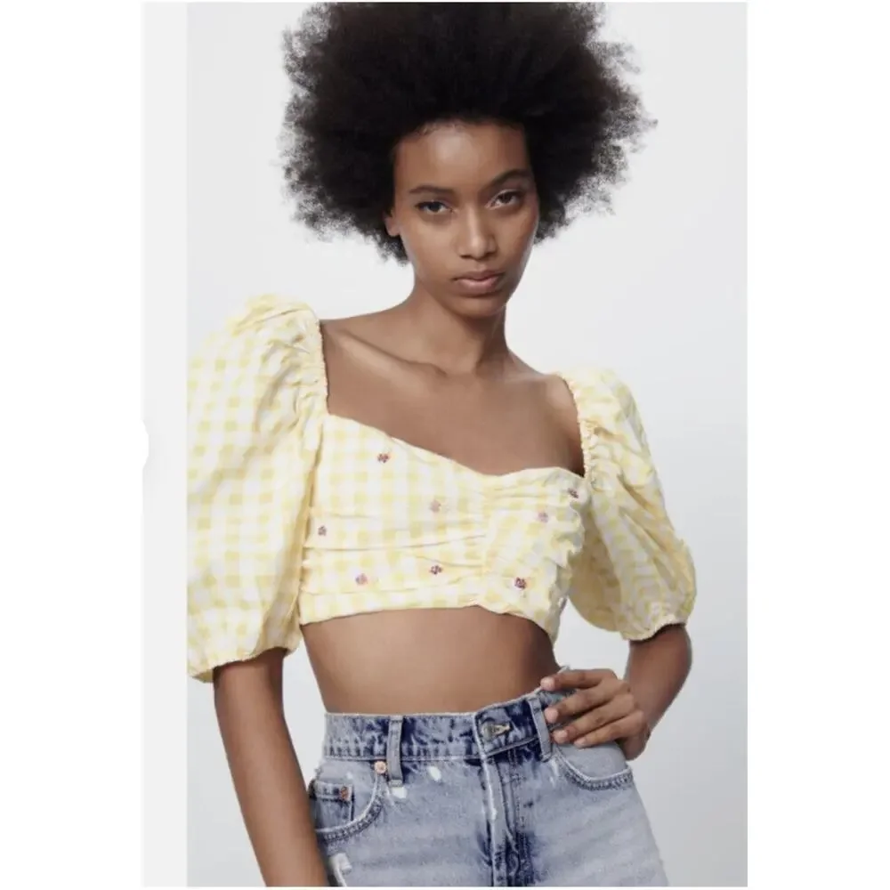 Zara Womens Yellow Gingham Puff Sleeve Cropped Blouse Large